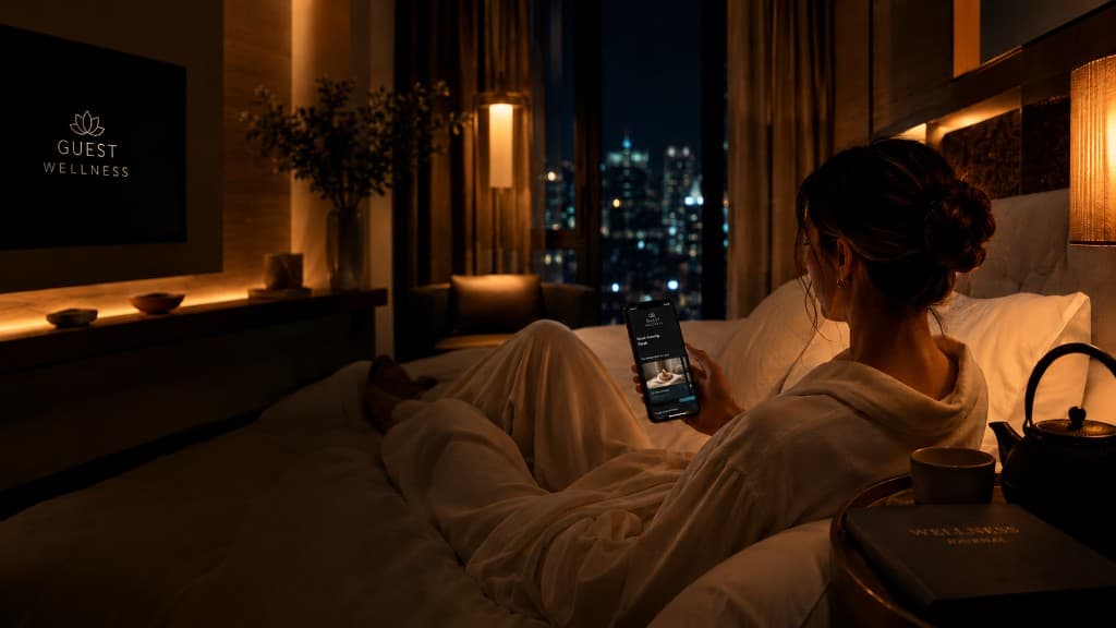 Guest relaxing in a hotel room using The Guest Wellness App on their phone